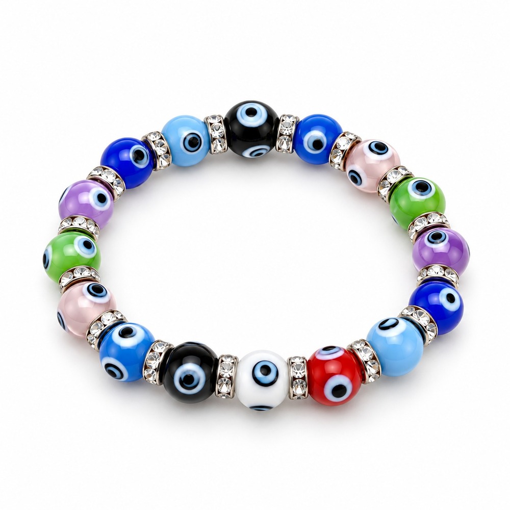 Multicolor Glass Evil Eye Bracelet Rhinestone Beaded Stretch Boho 6.5in